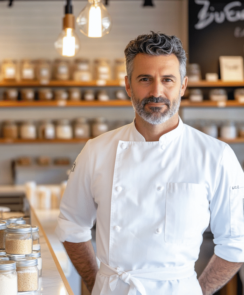 A 47-year-old Italian pastry chef standing proudly in his gluten-free patisserie, surrounded by elegant desserts.